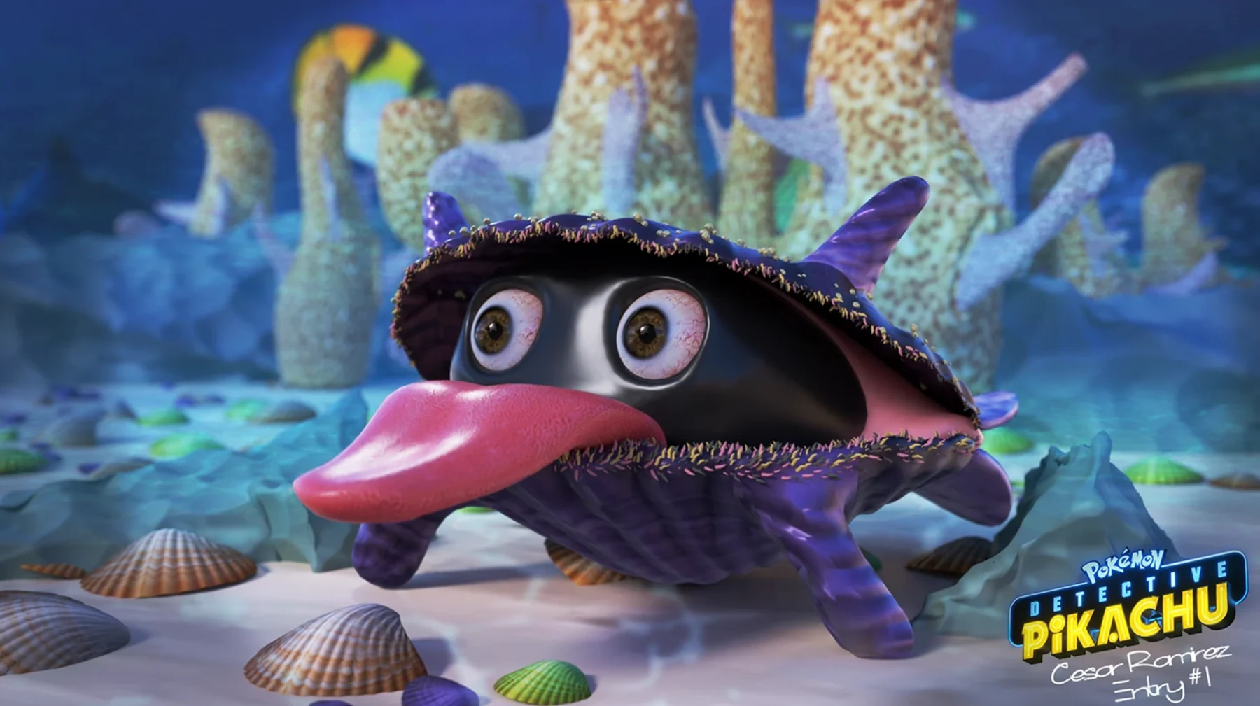 Stylized underwater environment with a shell creature character and coral