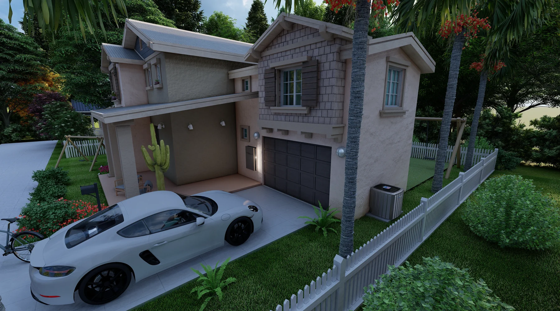 Architectural exterior visualization of a modern home with a sports car in the driveway
