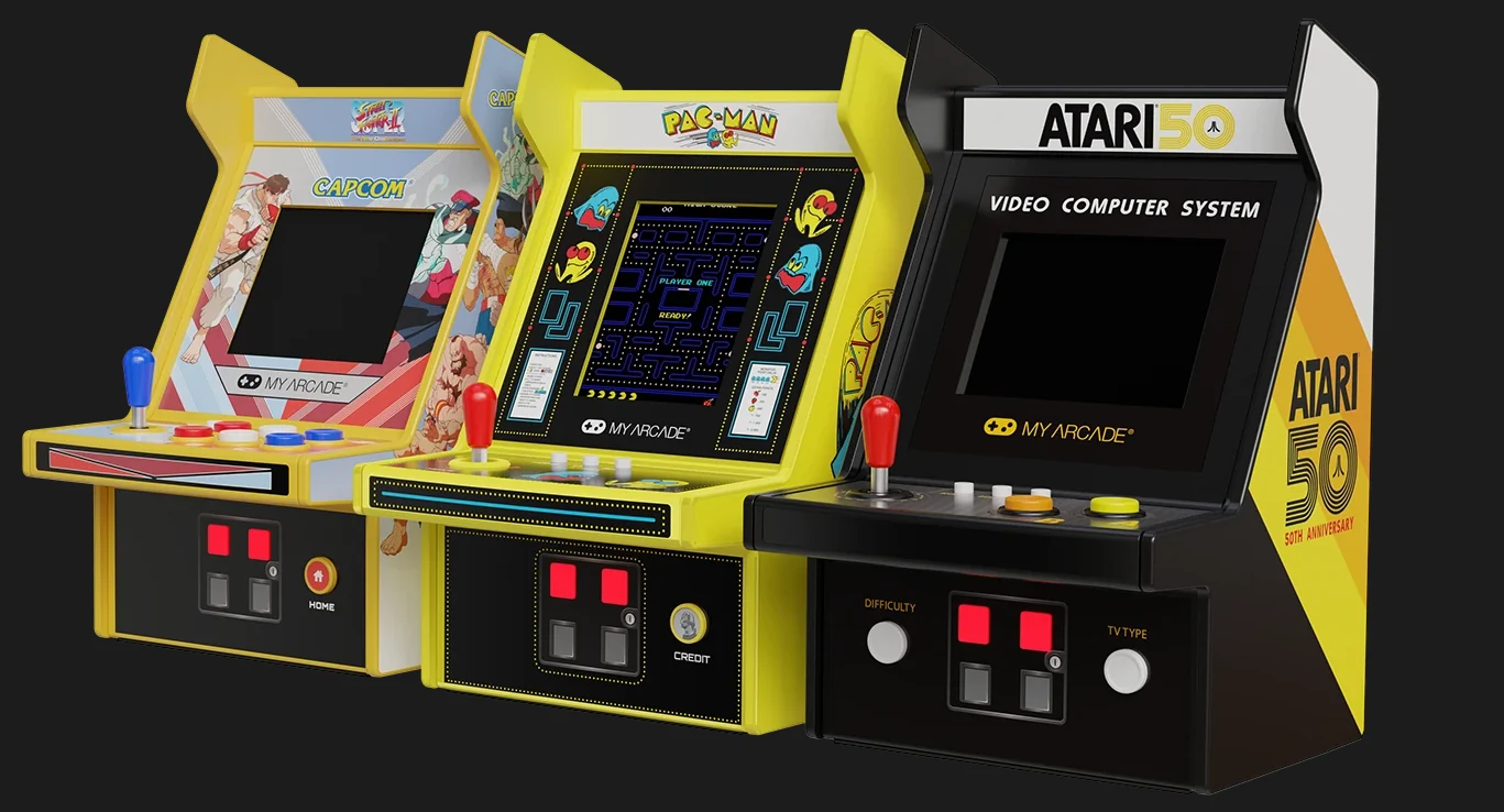 Product design renders of retro arcade cabinets