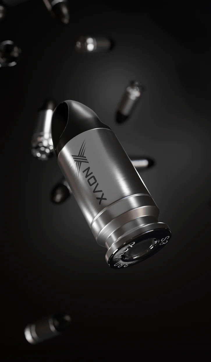 Metallic cartridge product render floating in dramatic dark studio lighting