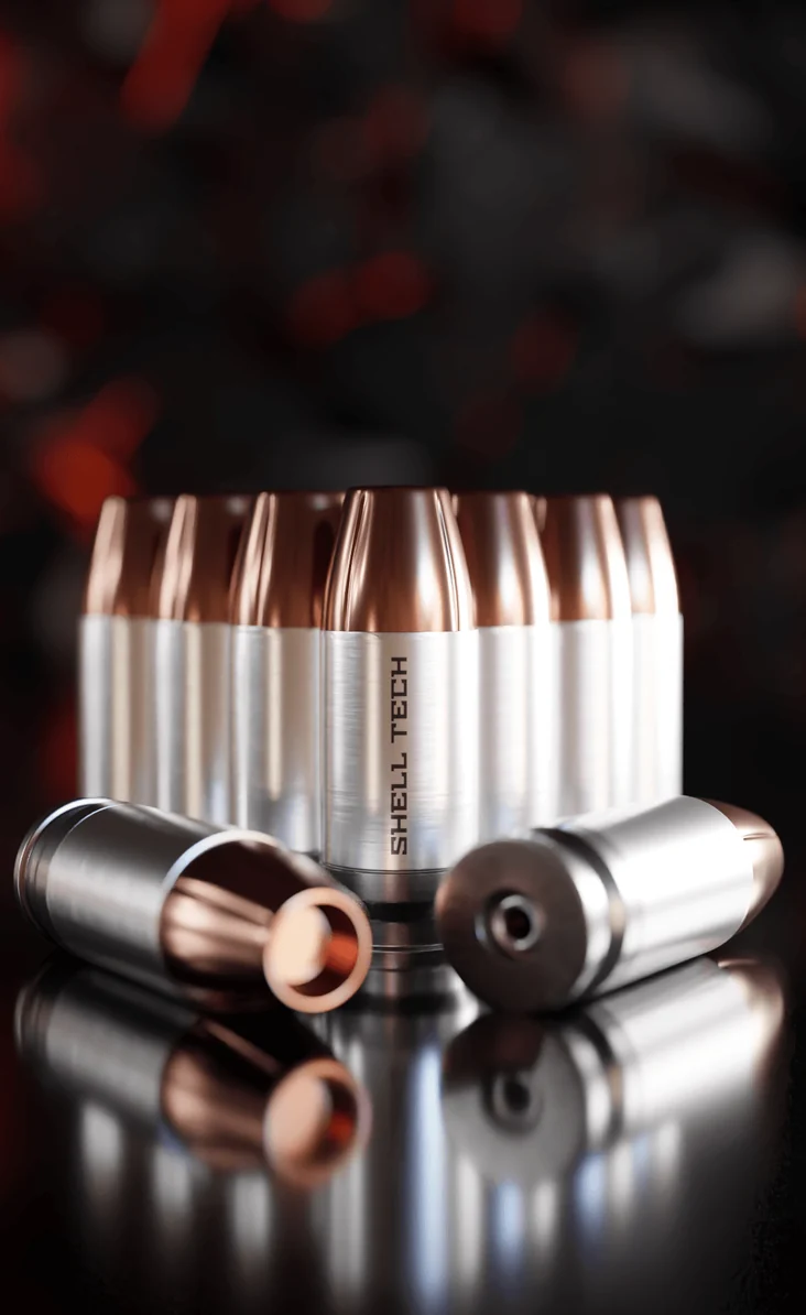 Precision ammunition product render on a reflective surface with red rim light