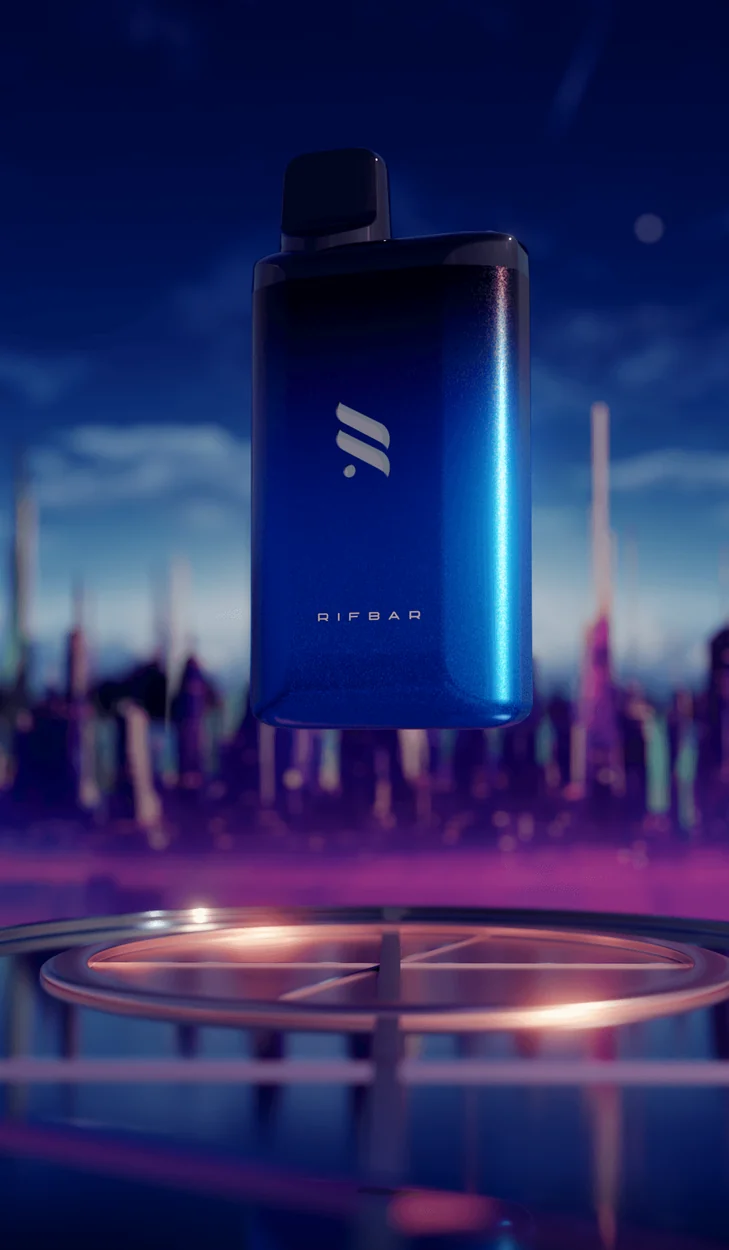 Product render of a device on a lit platform in a neon cyberpunk city