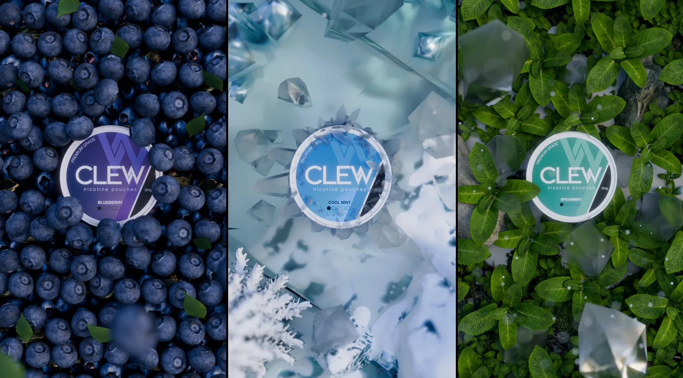 Three product renders composited over blueberry, ice, and mint leaf backgrounds