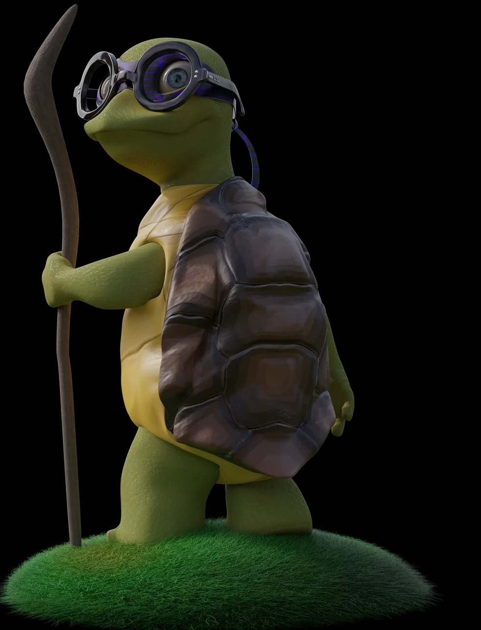 Stylized 3D turtle explorer character with goggles and a walking staff