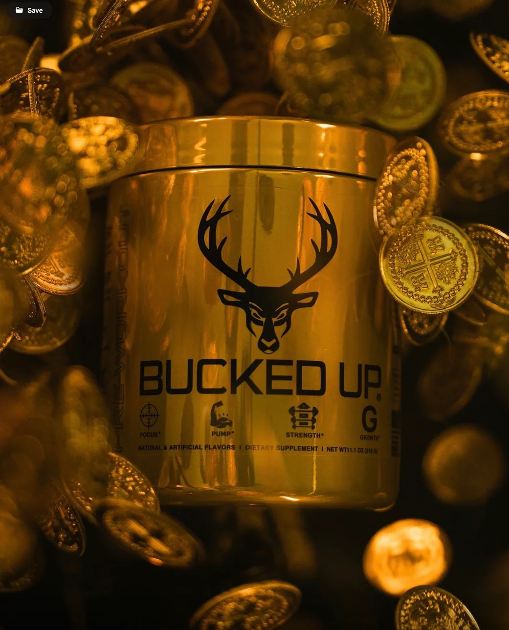 Photoreal product render of a gold supplement tub surrounded by gold coins