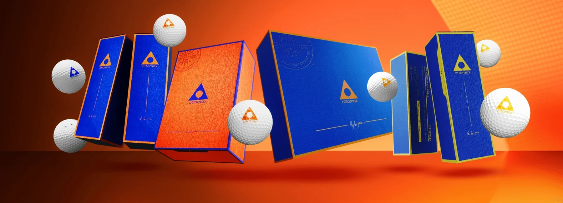 Packaging visualization with blue and orange boxes on a bold orange backdrop